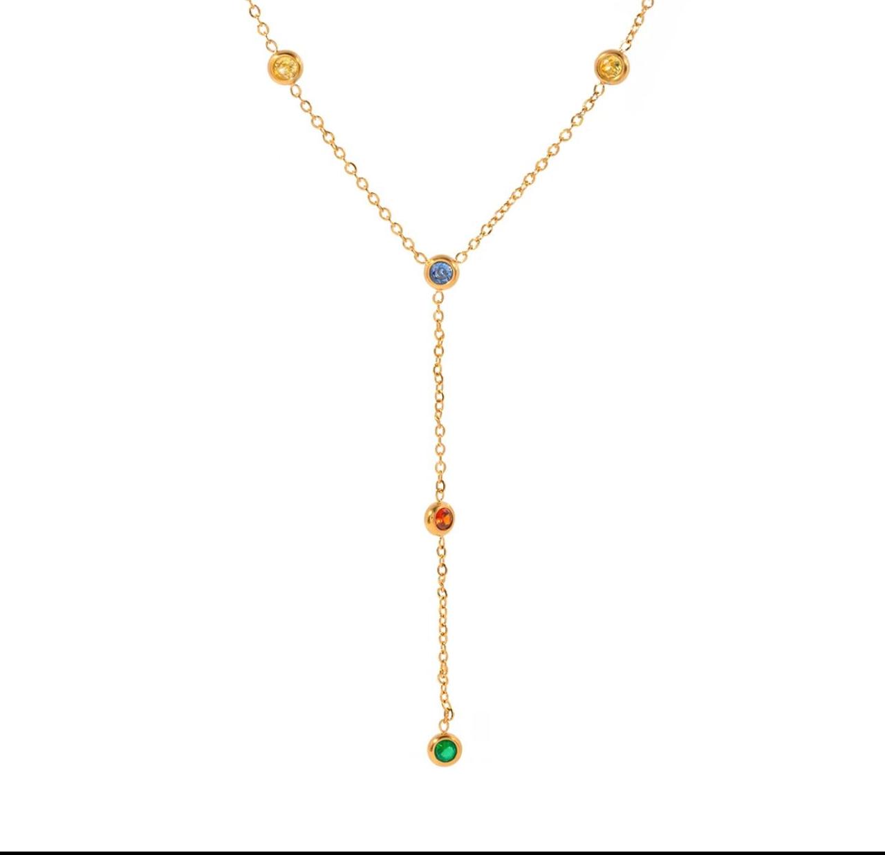 Long Y Shape Colored Gold Plated Necklace