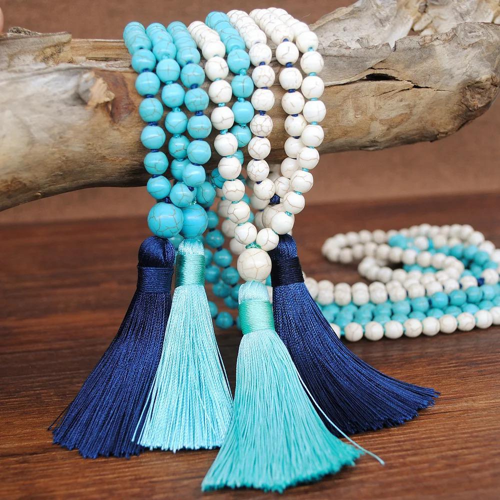 Natural Stone Bead Tassel Summer Necklace