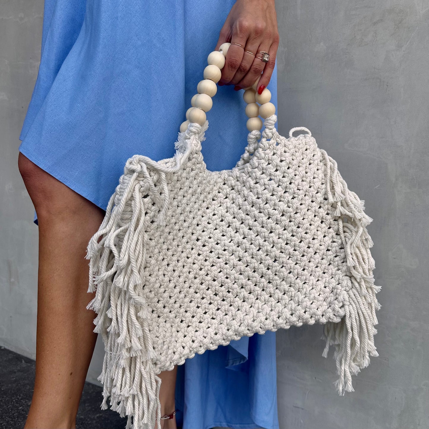 Fine Handmade Macrame White Purse with Wooden Handles