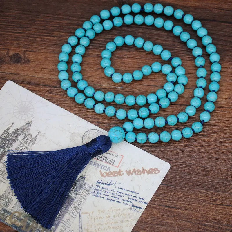 Natural Stone Bead Tassel Summer Necklace