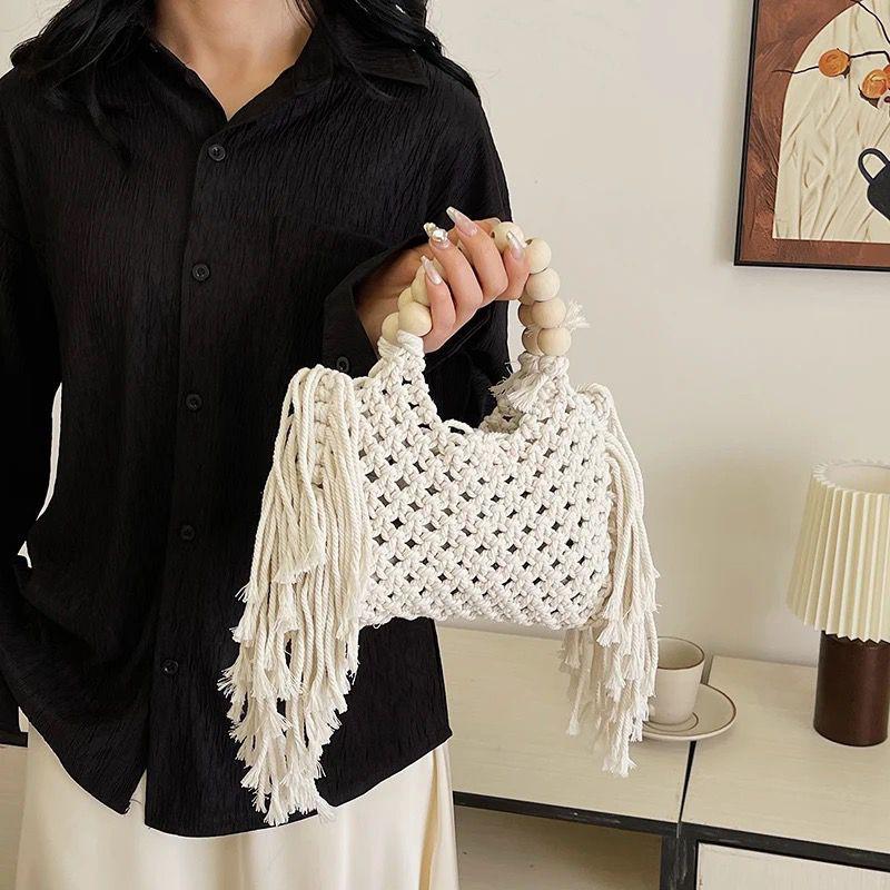 Fine Handmade Macrame White Purse with Wooden Handles