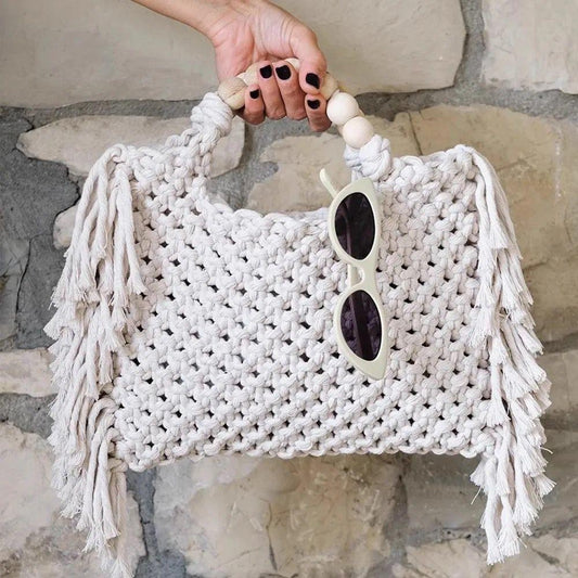 Fine Handmade Macrame White Purse with Wooden Handles