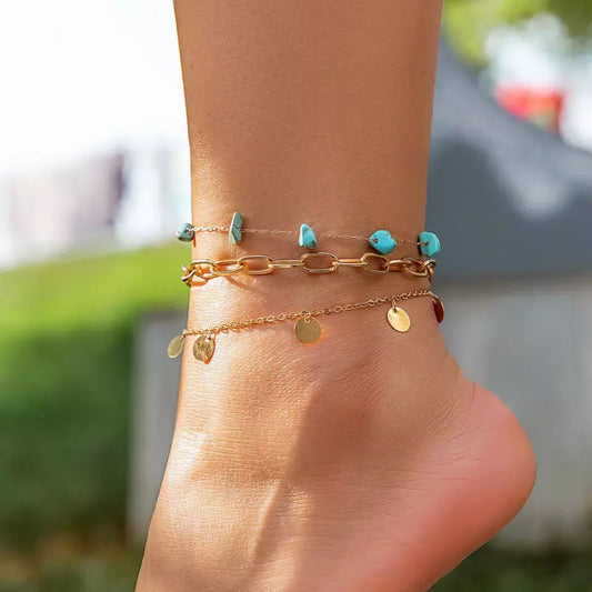 Three Layers Gold & Blue Anklets